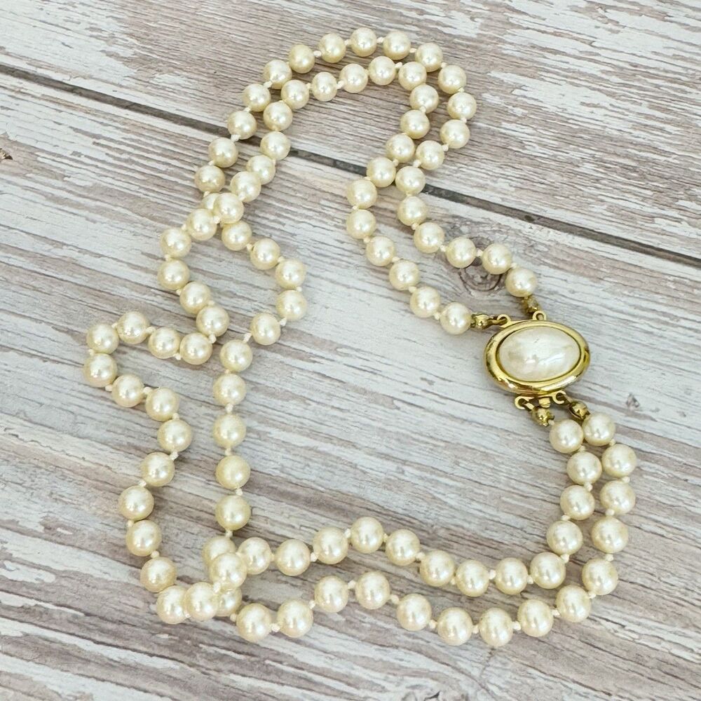 Vintage Glass Pearl Hand Knotted Multi-Strand Bracelet Faux Mabe Pearl Box Clasp